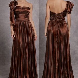 Chocolate Brown Satin Pleated One-Shoulder Formal Dress – Size 8 – evng. Gown
